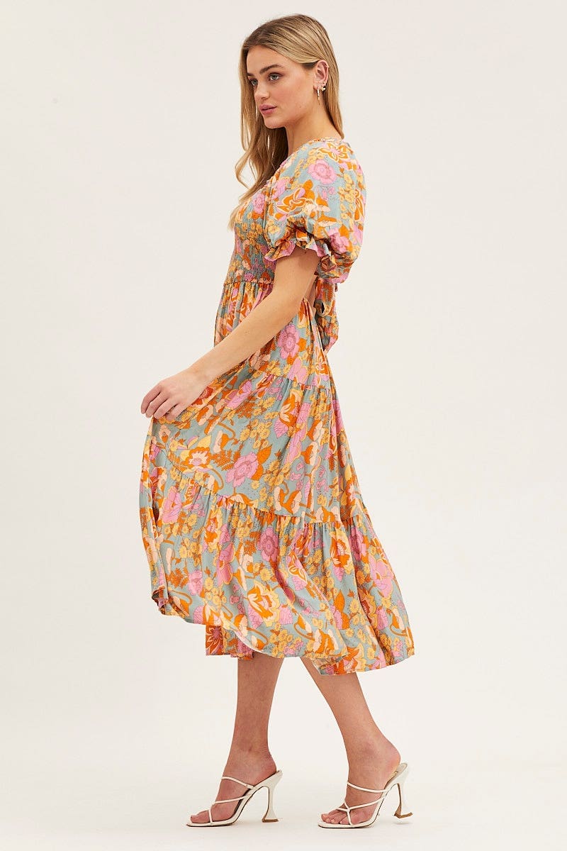 Print Dress Puff Sleeve Maxi