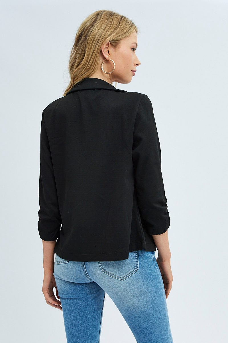 Black Blazer Jacket 3/4 Sleeve Lapel Single Breasted