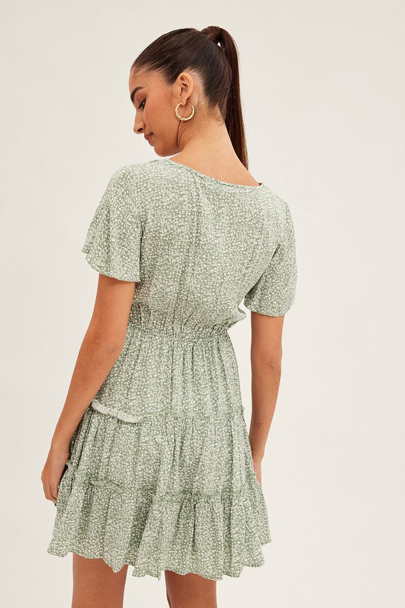 Green Floral Skater Dress Short Sleeve V Neck Green Floral