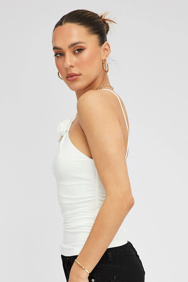 White Rose Top Halter Neck Crossover Rosette Stretch