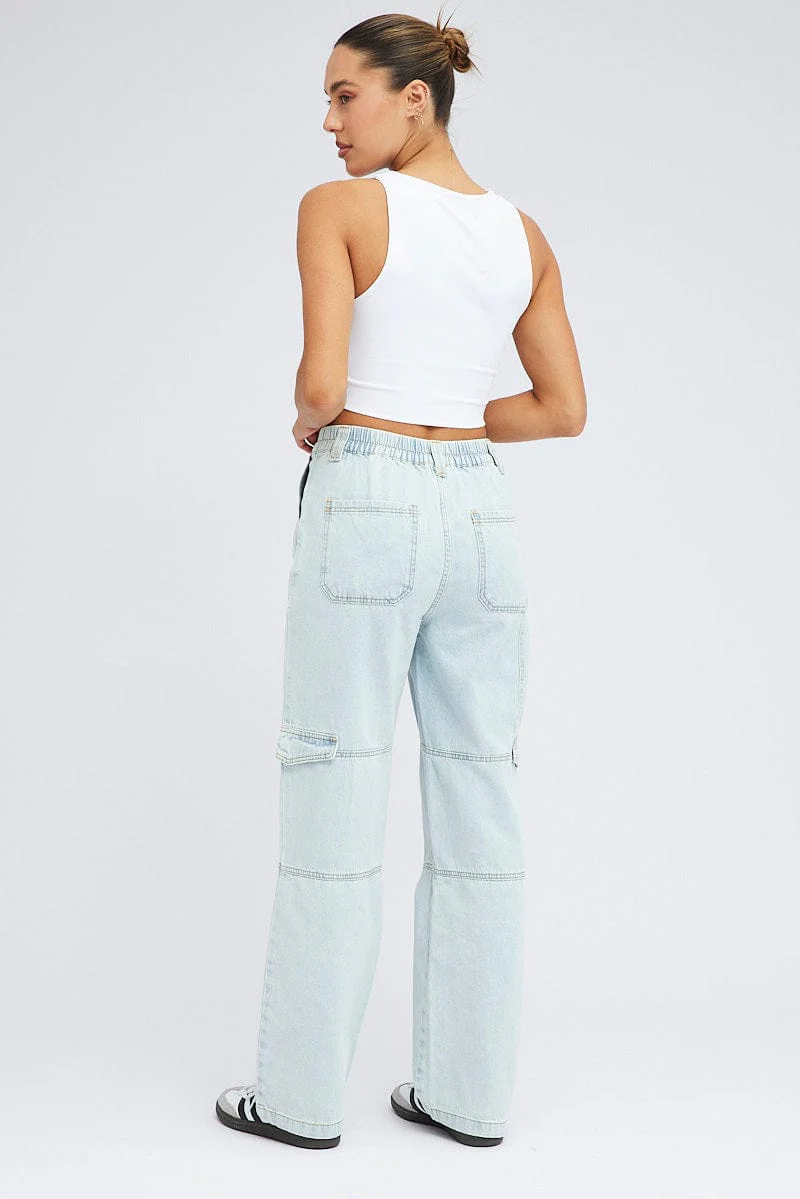 Denim Cargo Jeans Elastic Waist