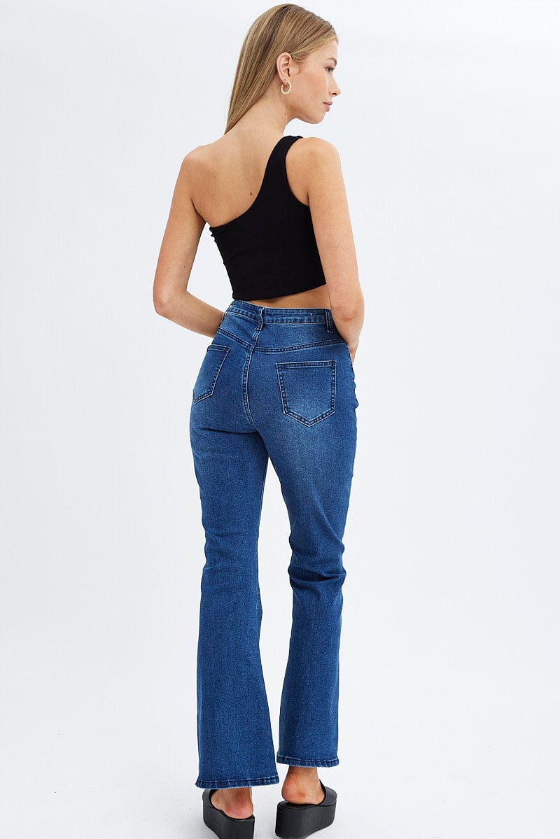 Denim Flare Jeans Mid Rise Pintuck