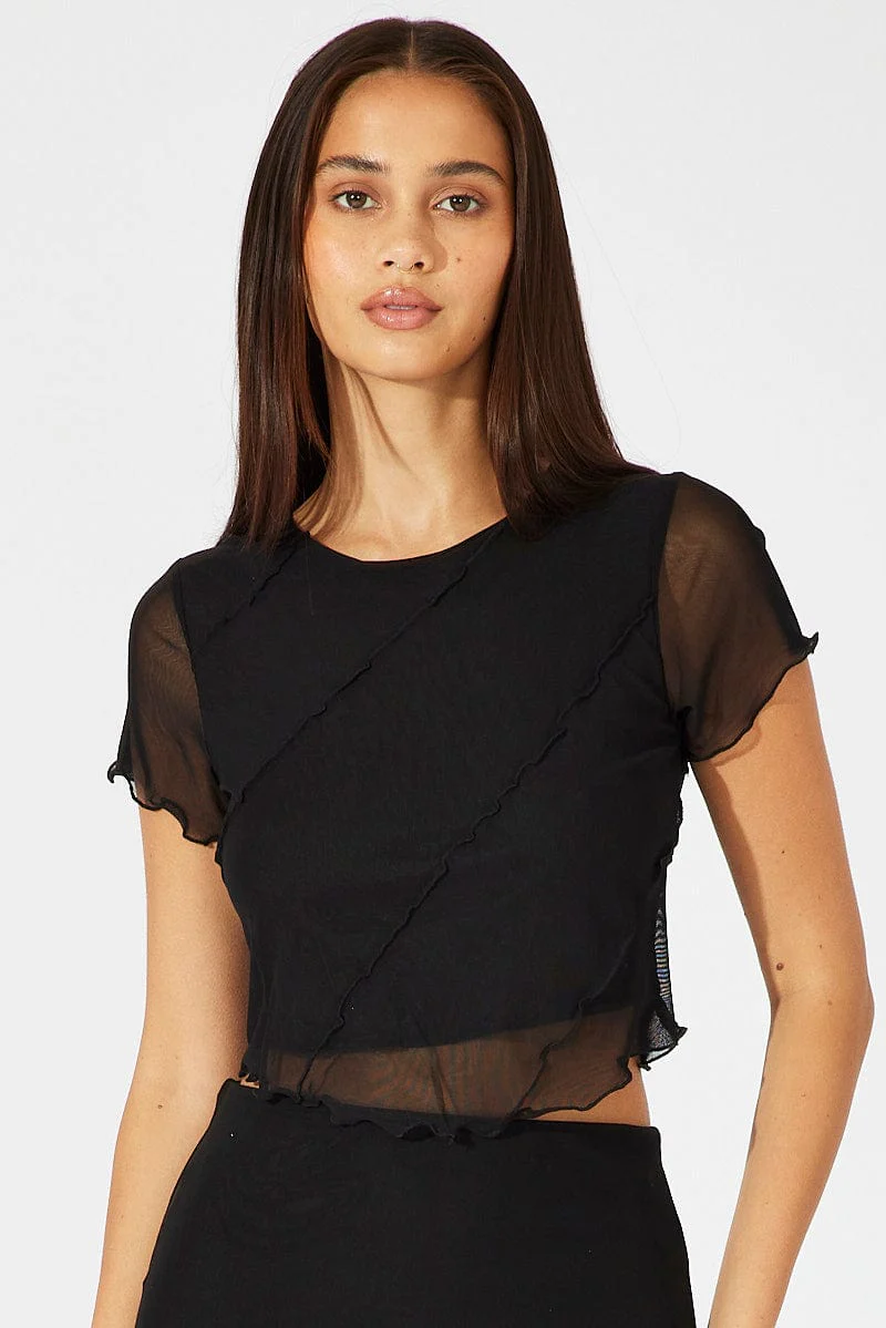 Black Mesh Top Short Sleeve