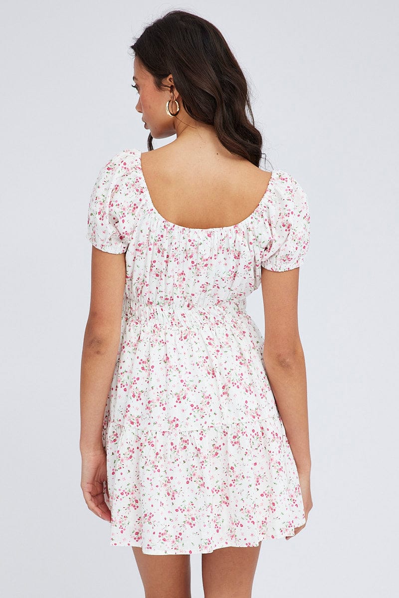 Pink Floral Fit And Flare Dress Puff Sleeve Mini