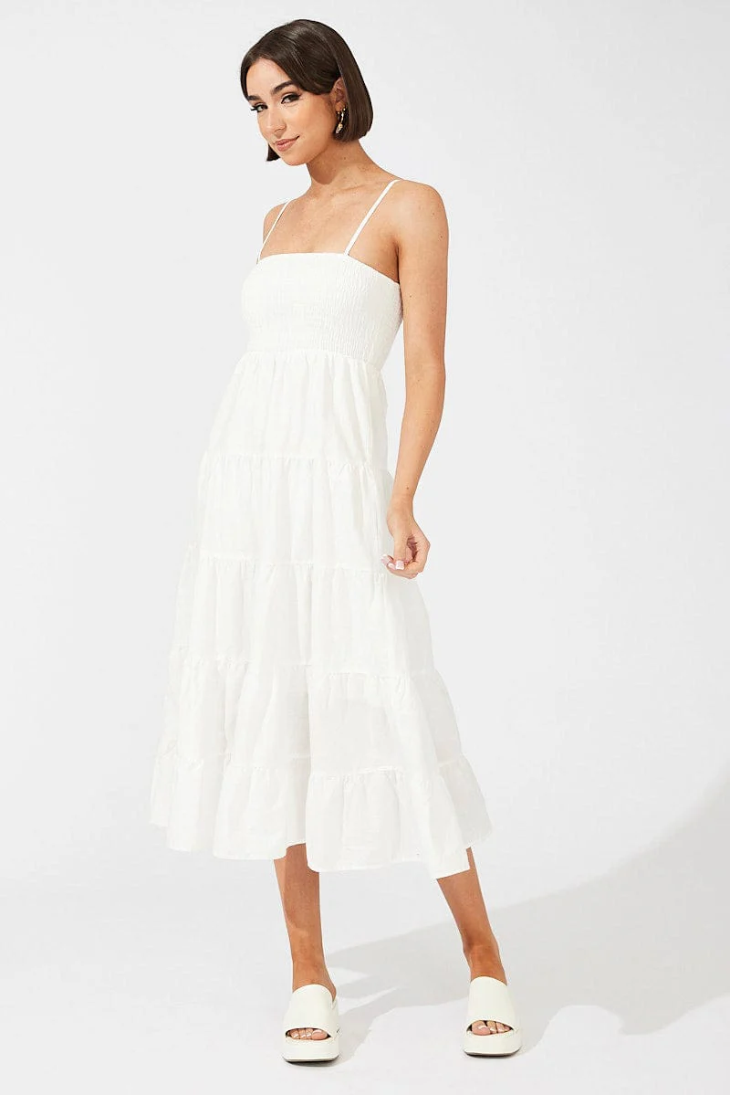 White Midi Dress Sleeveless Tiered