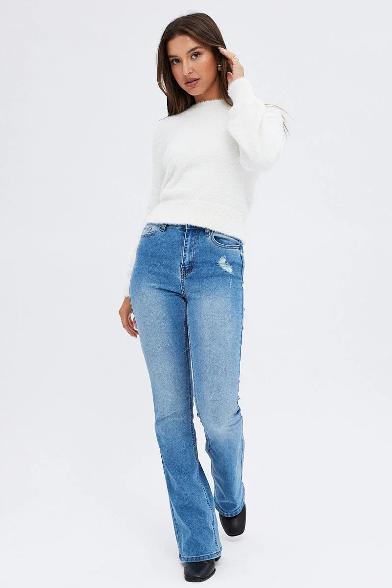 White Fluffy Knit Jumper Long Sleeve Crew neck