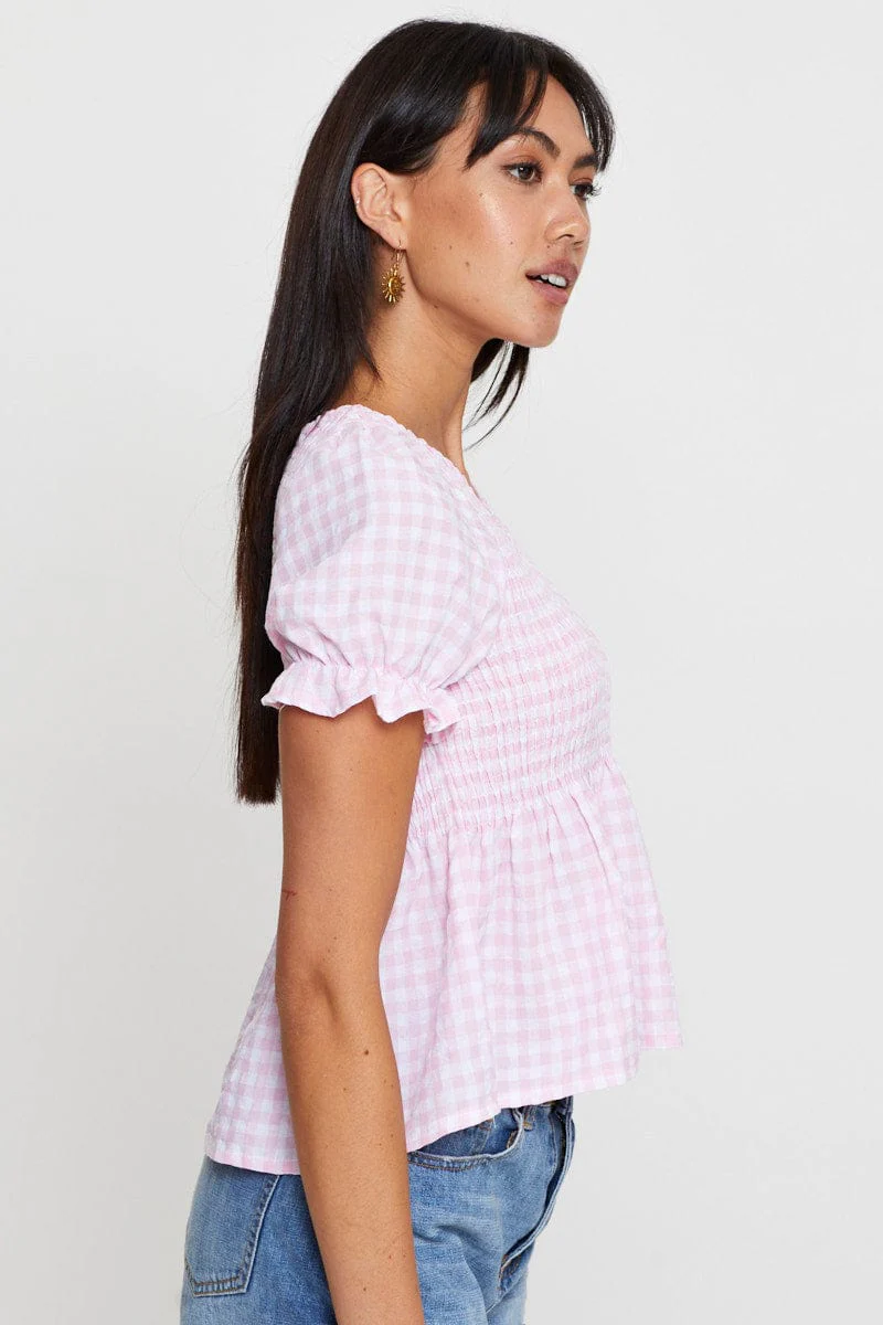 Check Puff Sleeve Top Short Sleeve