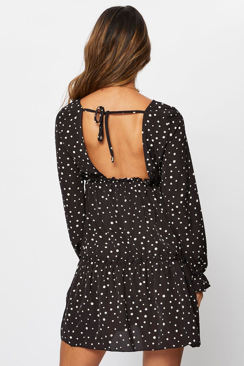 Print Long Sleeve Ruffle Skater Dress