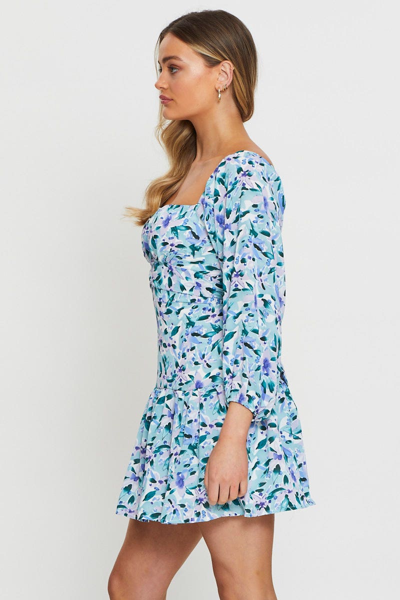 Print Mini Dress Square Neck