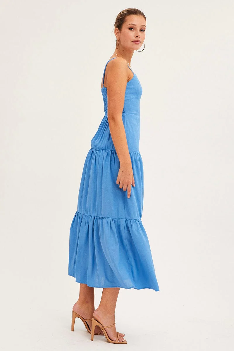 Blue Maxi Dress Sleeveless Square Neck Linen Blend