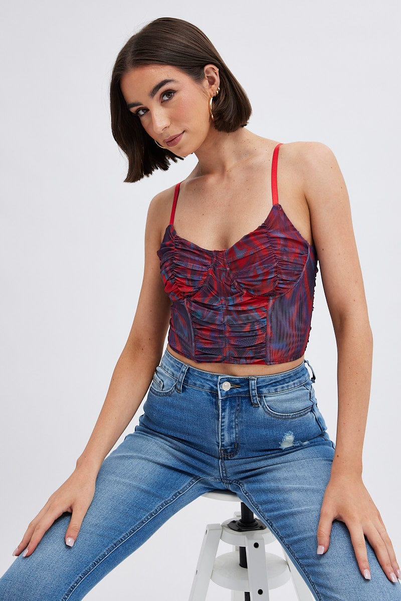 Red Abstract Short Top Sleeveless Abstract Prints