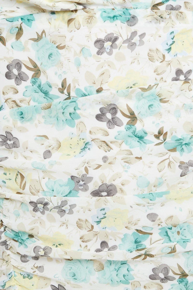 Print Puff Sleeve Ruched Dress