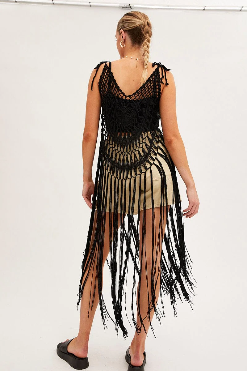 Black Crochet Beach Pullover Dress Cover Up