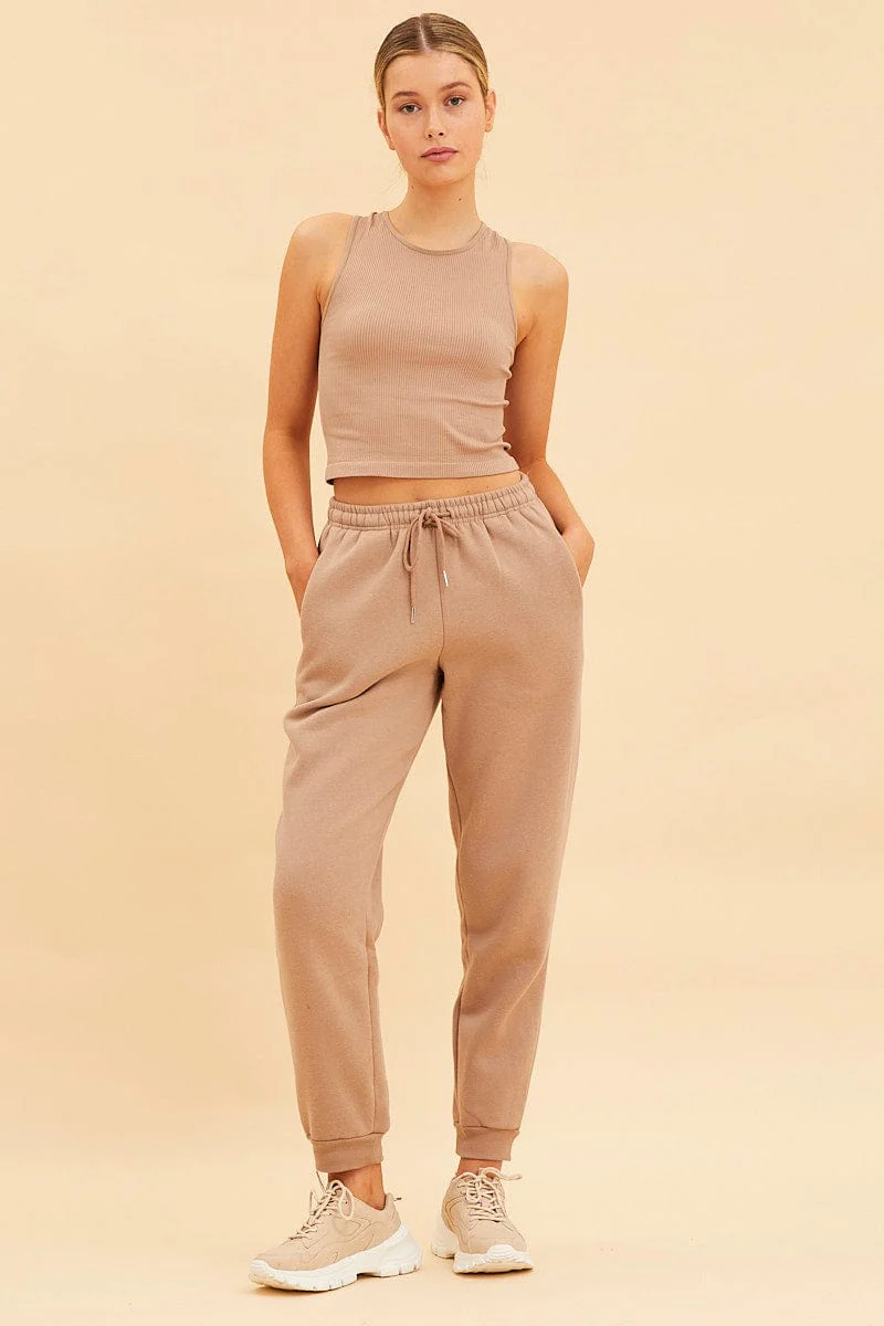 Beige Seamless Tank Crop Racer Back Sleeveless