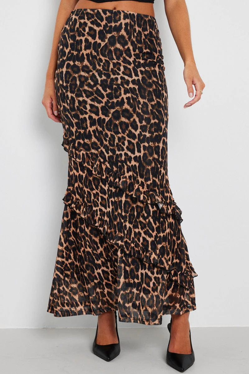 Brown Animal Print Maxi Skirt Leopard Ruffle Mesh Maxi