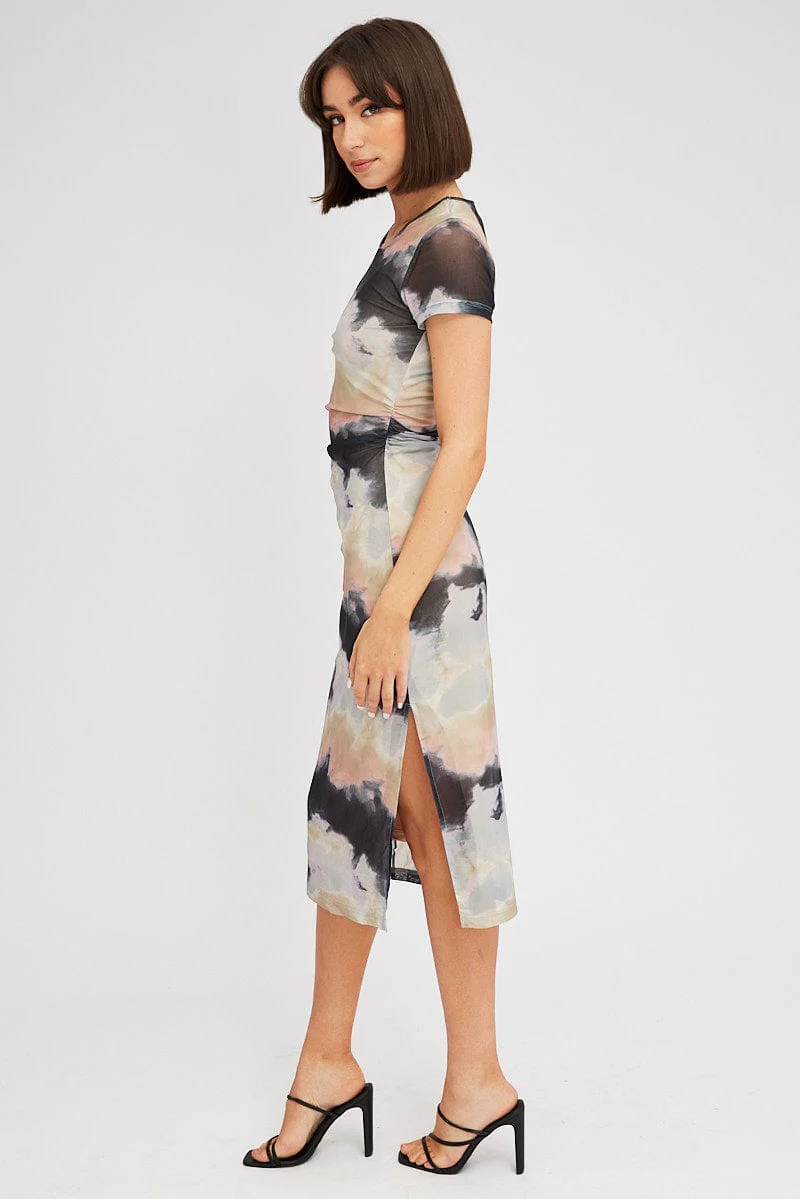 Brown Abstract Midi Dress Short Sleeve Bodycon Mesh
