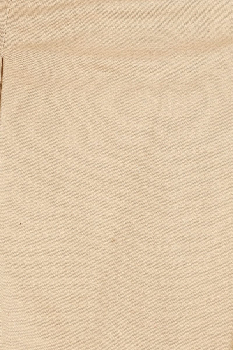 Beige Mini Skirt Pleated Raw Hem Mid Rise