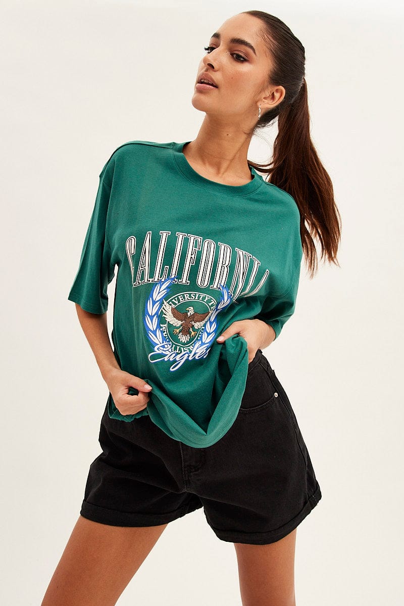 Green T Shirt Short Sleeve Crew Neck California Eagle