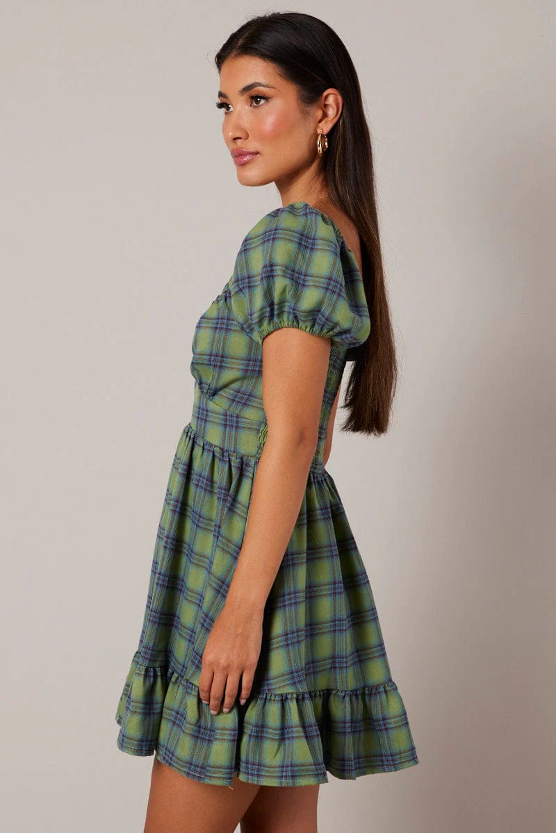 Green Check Fit And Flare Dress Puff Sleeve
