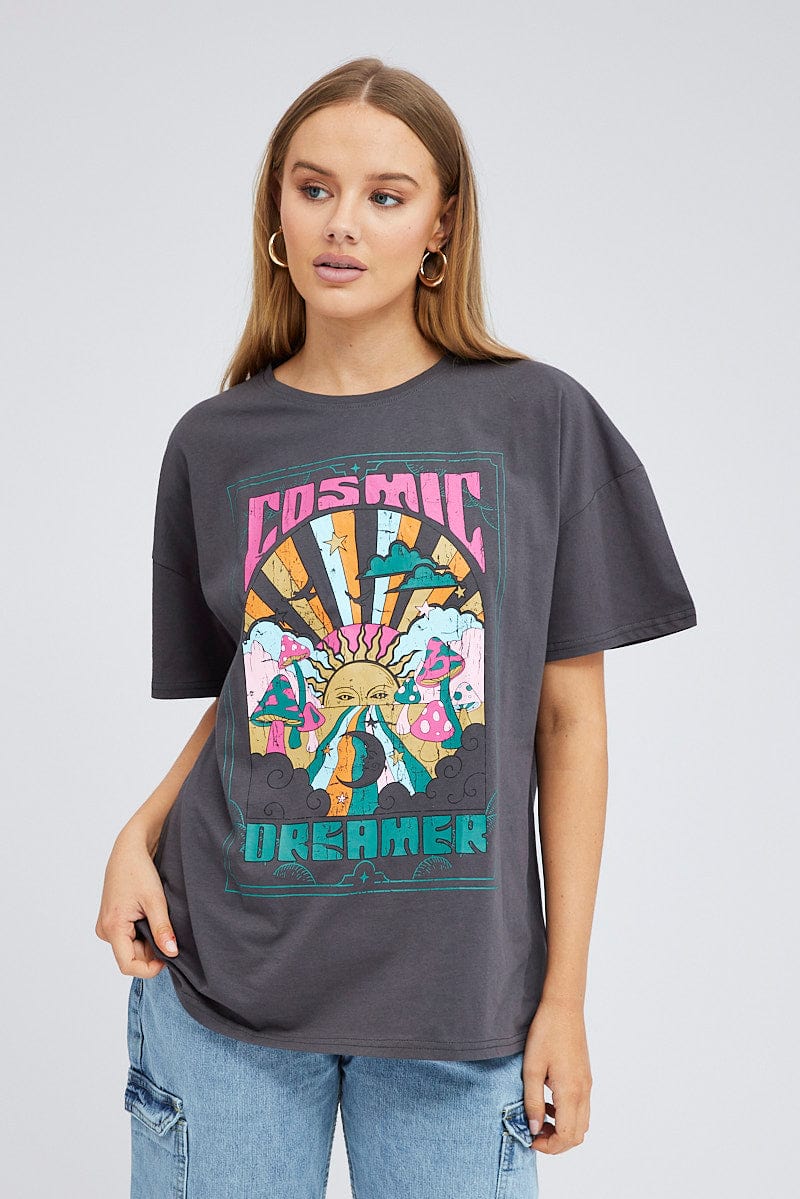 Grey Graphic Tee Festival Bright Oversized T-shirt