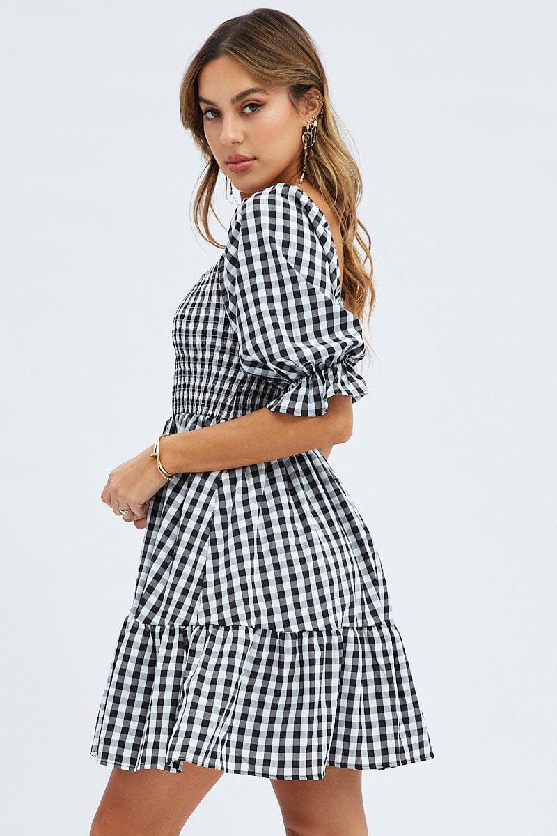 Check Mini Dress Square Neck