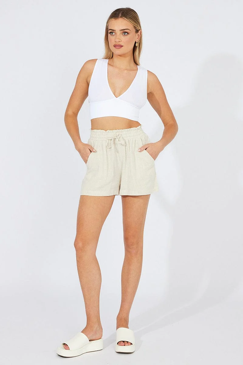 Beige Relaxed Shorts High Rise Linen Blend