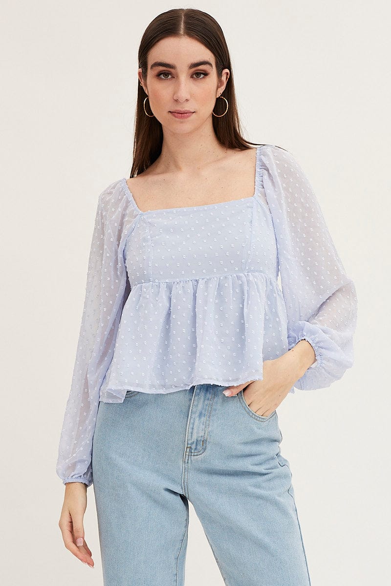 Blue Puff Sleeve Peplum Top
