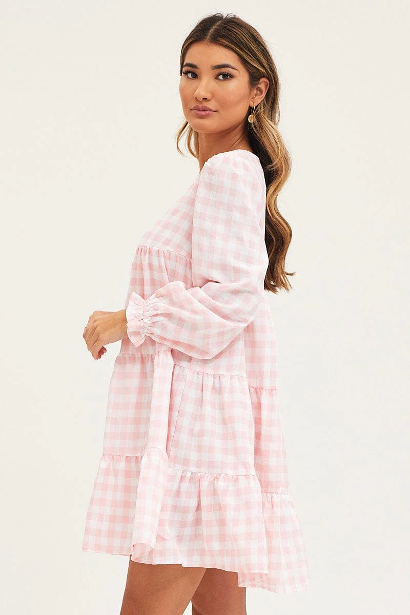 Check Mini Dress Long Sleeve Round Neck