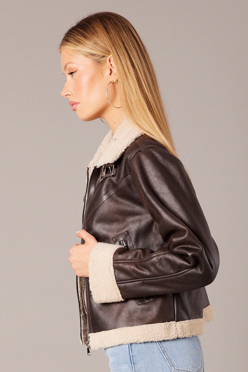 Brown Oversized Jacket Collared Long Sleeve Faux Leather