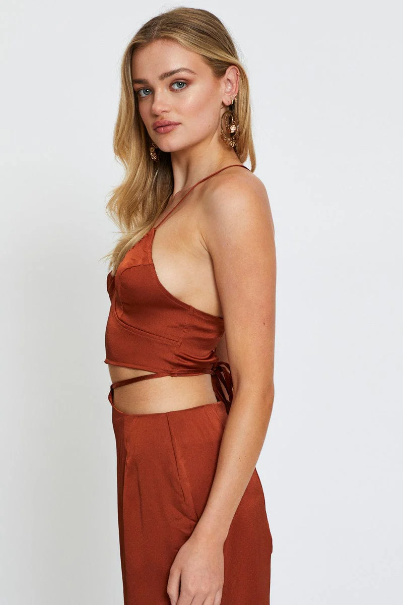 Brown Cami Top Halter Satin