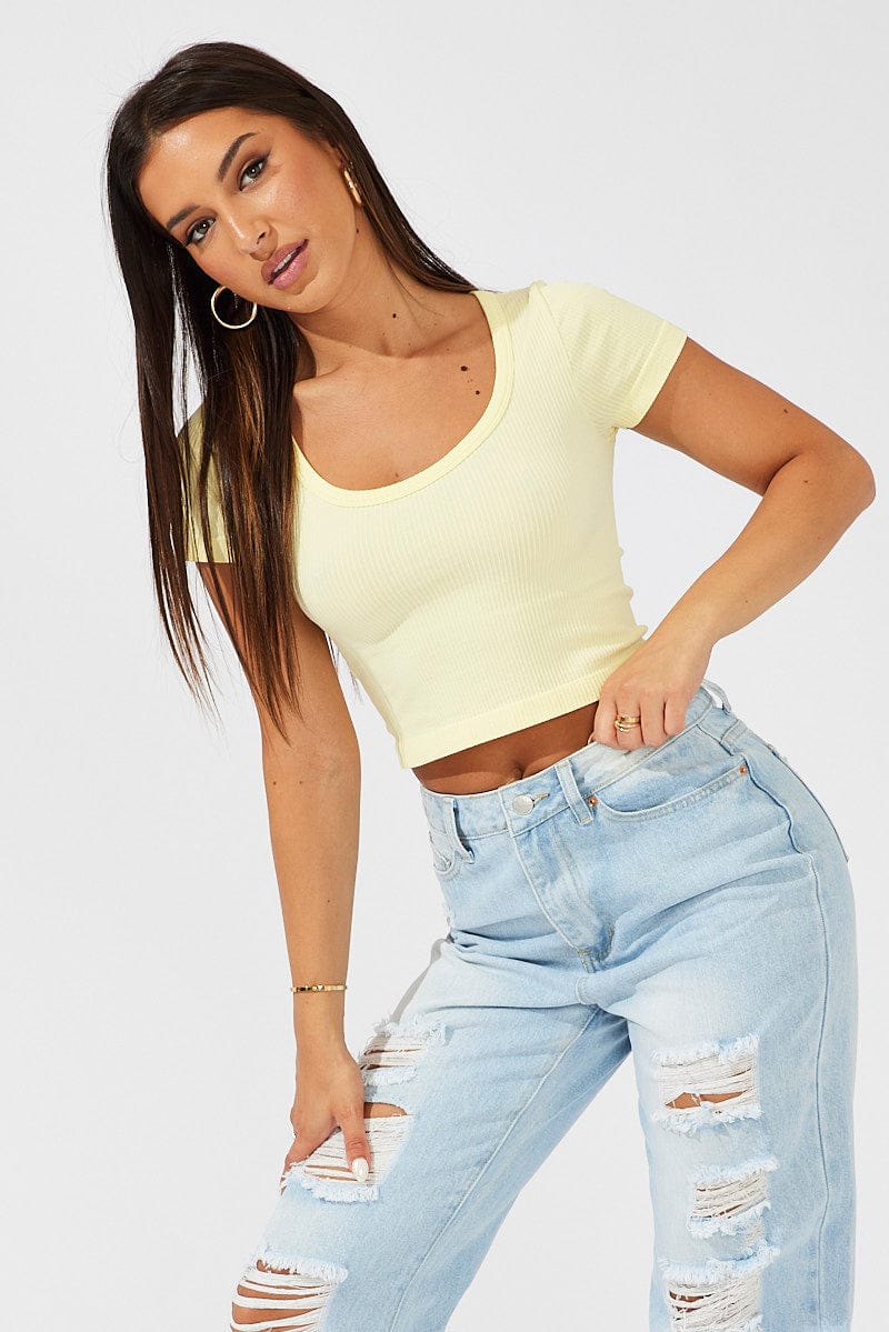 Yellow T Shirt Short Sleeve Round Neck Seamless