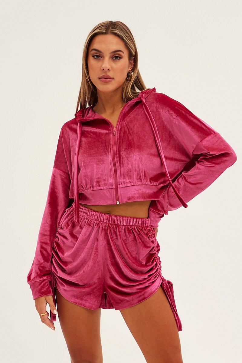 Hot Pink Velvet Jacket Long Sleeve Hoodie