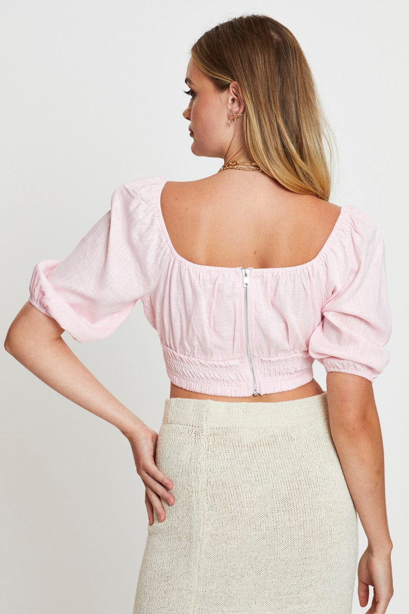 Pink Crop Top Short Sleeve Gathered Bust