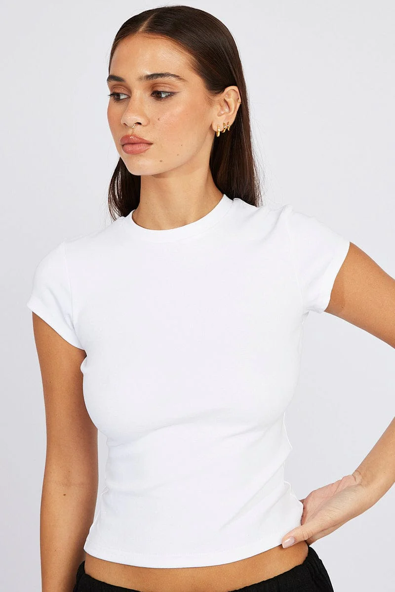 White T Shirt Short Sleeve Crew Neck Cotton Rib