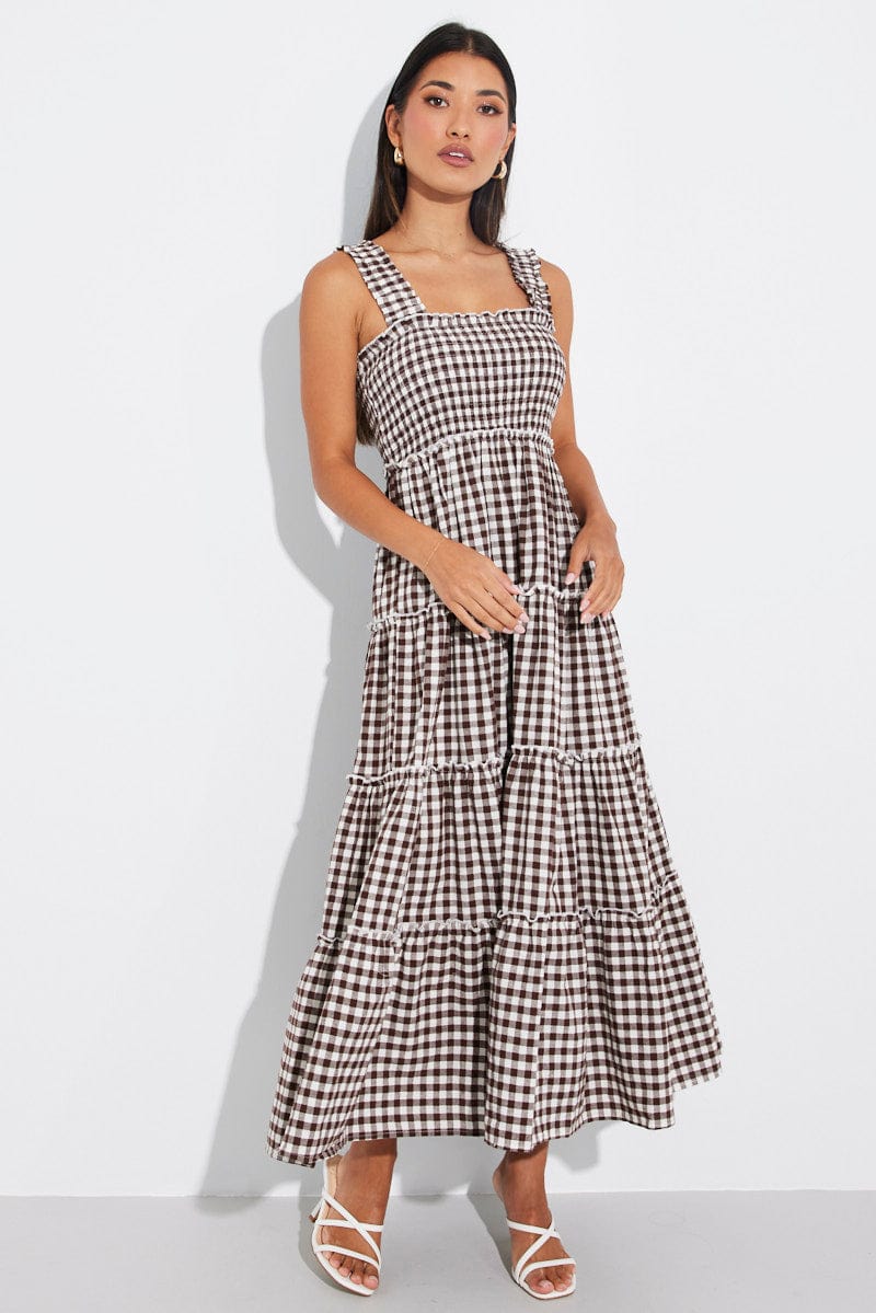 Brown Check Maxi Dress Shirred Bust Tiered