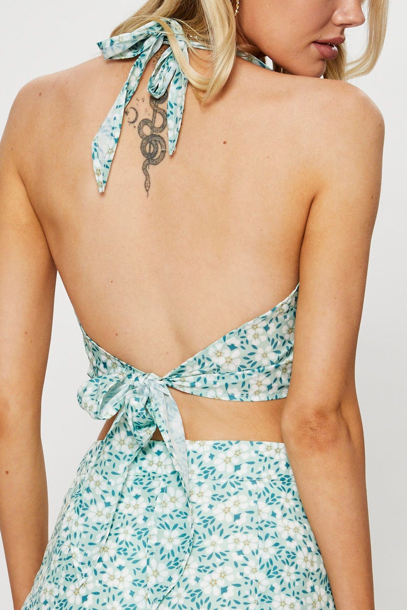 Print Crop Top Sleeveless Halter