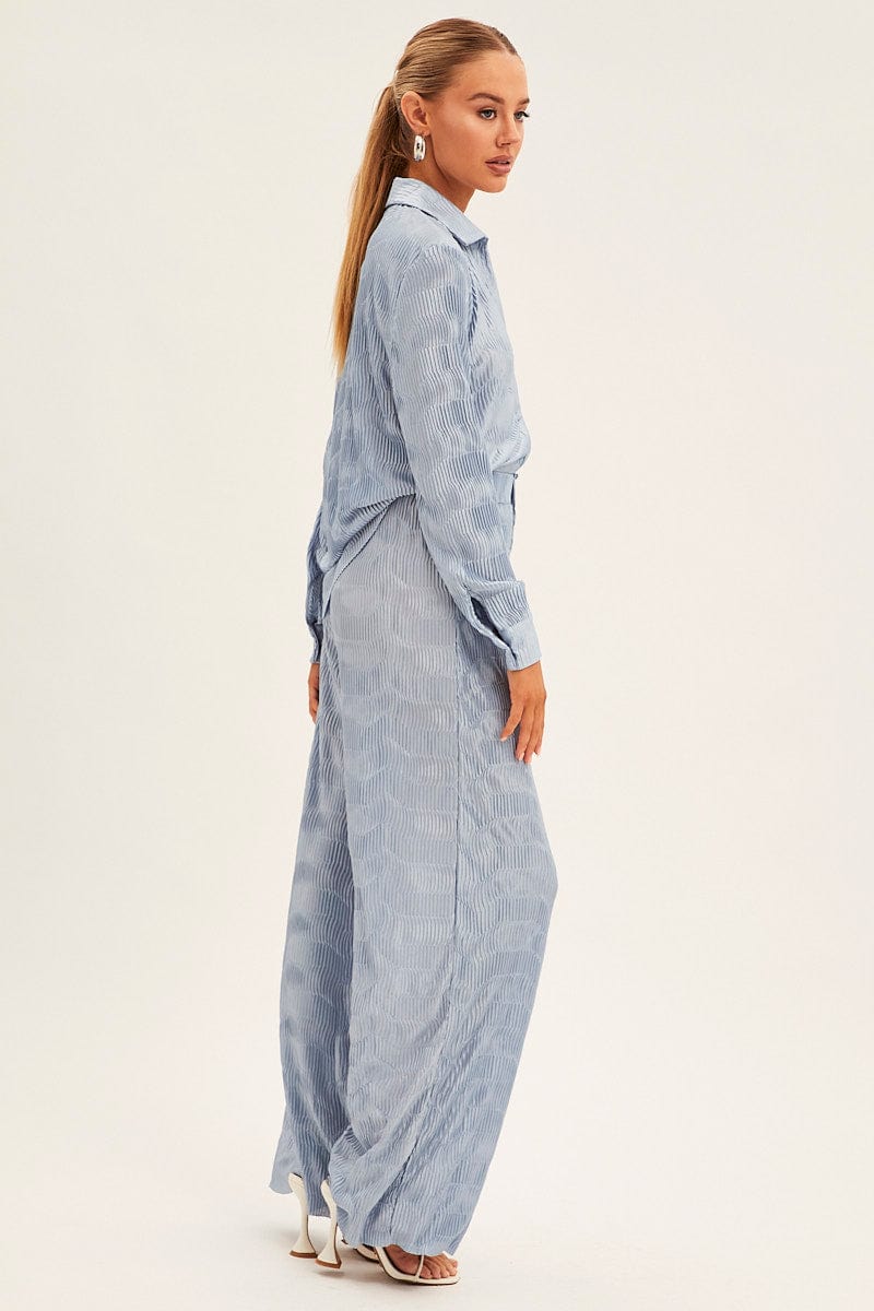 Blue Plisse Pants Wide Leg