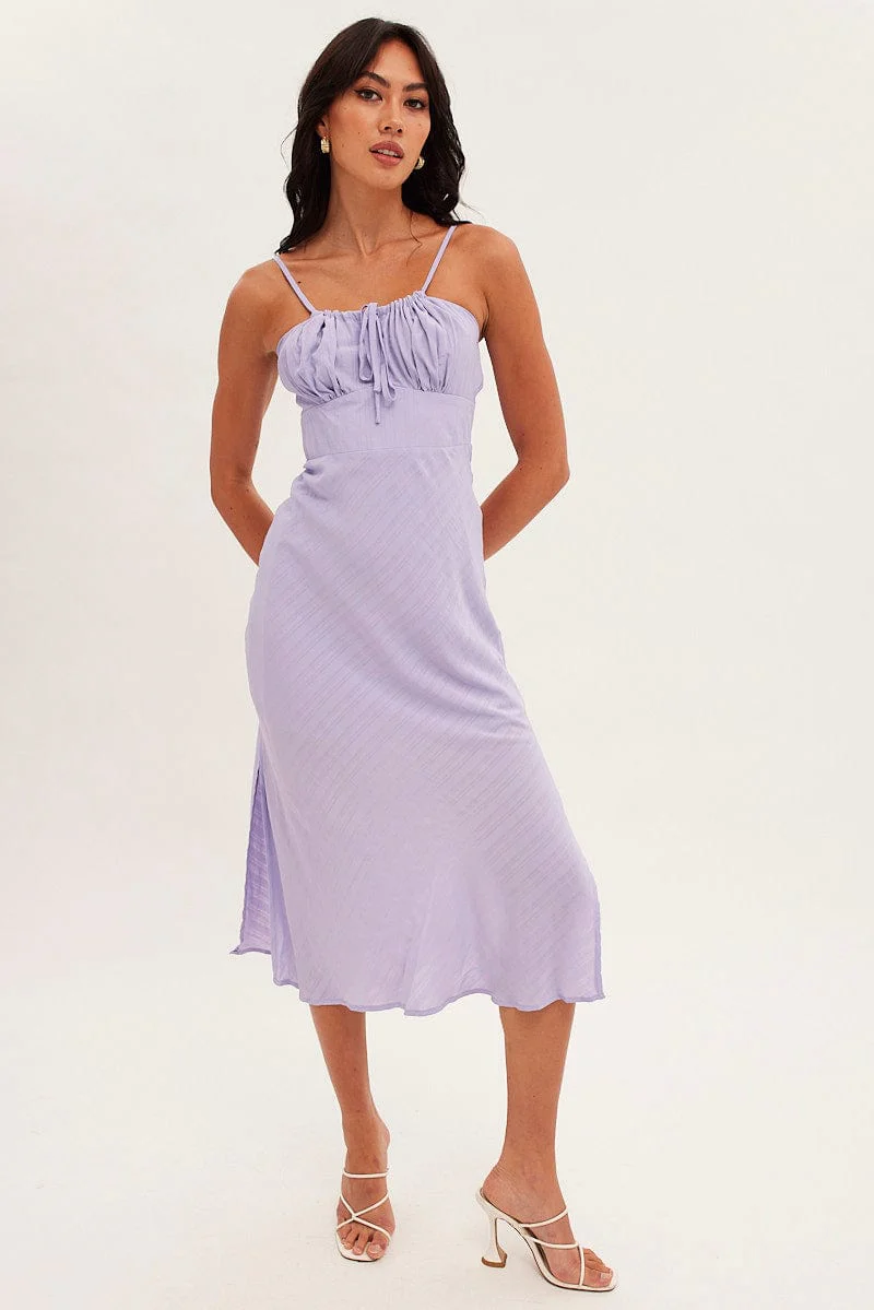 Purple Midi Dress Sleeveless Ruched Bust