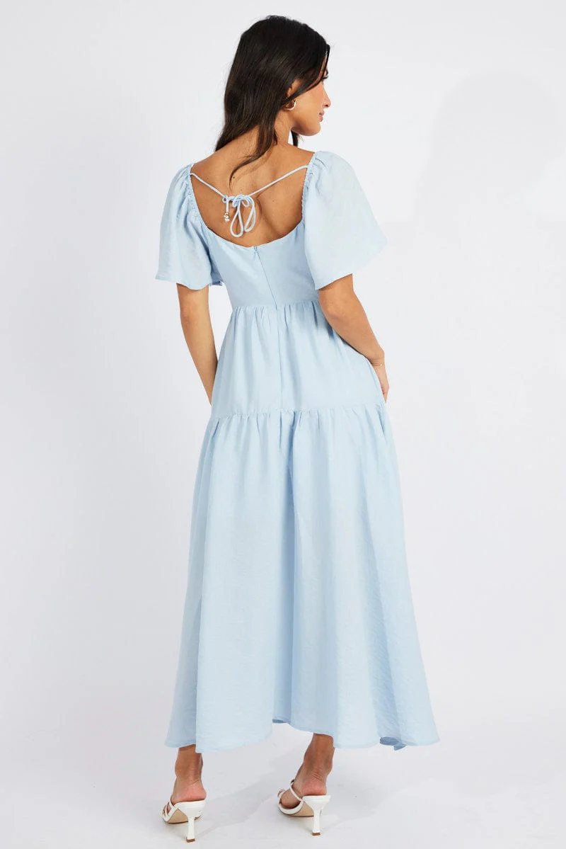 Blue Maxi Dress Square Neck Tiered