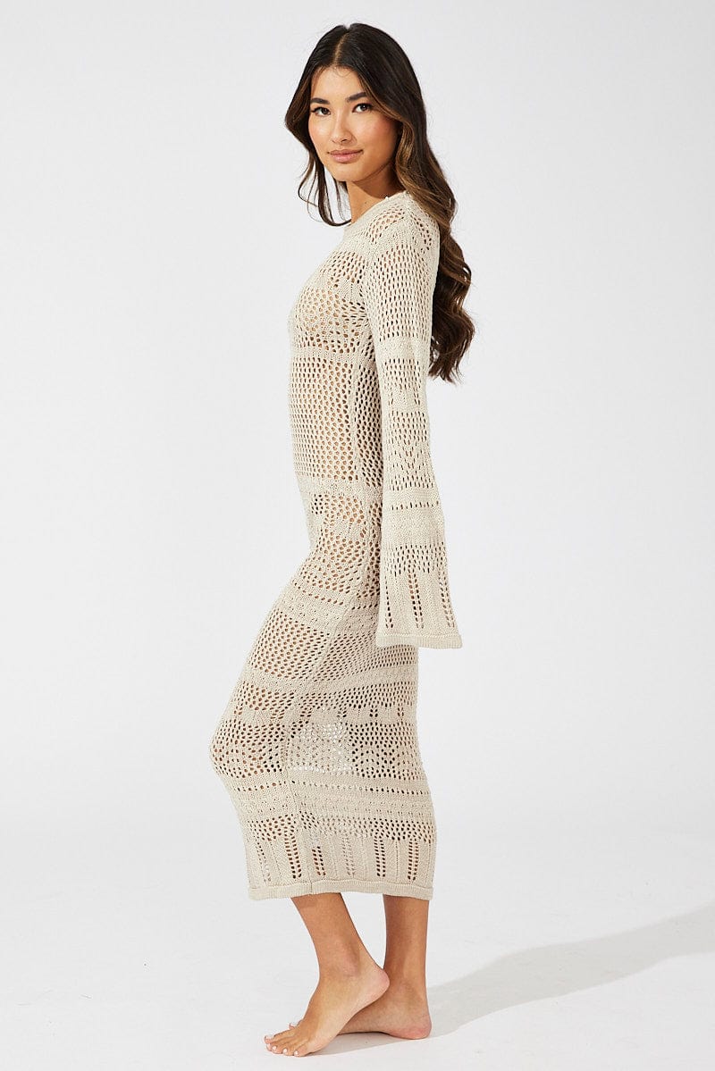 Beige Knit Dress Long Sleeve Crochet