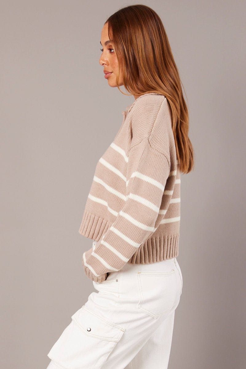 Beige Stripe Knit Top Long Sleeve Collared Jumper