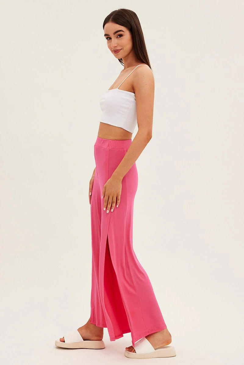 Hot Pink Wide Leg Pants High Rise Front Split