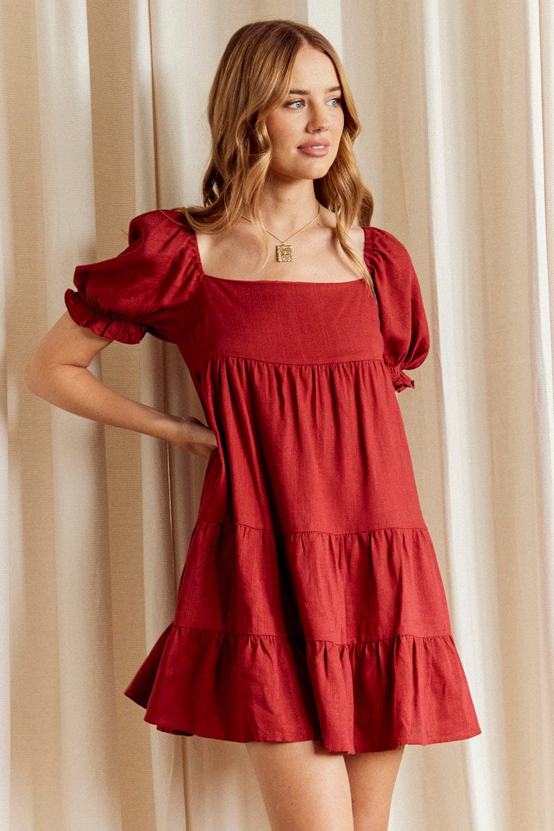 Brown Fit And Flare Dress Short Sleeve Square Neck