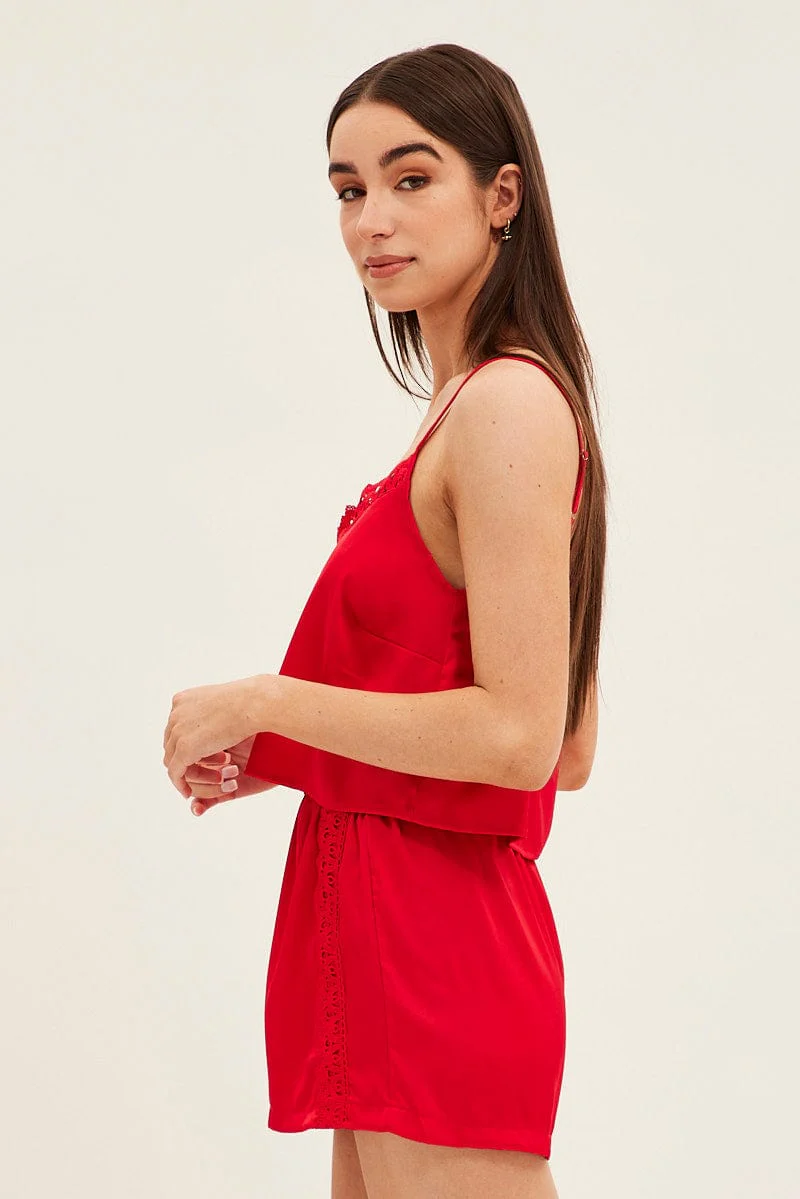 Red Pyjamas Set Sleeveless Cami Shorts Satin