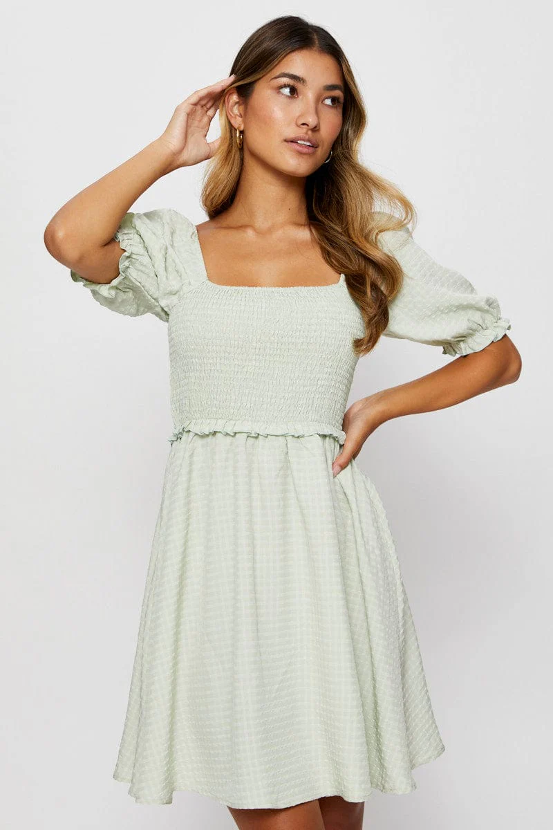 Green Fit And Flare Dress Short Sleeve Square Neck