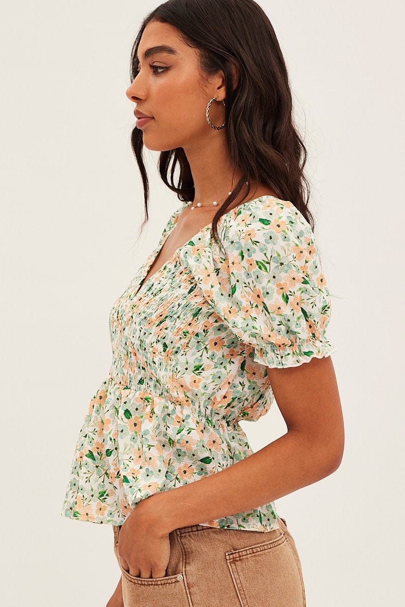 White Shirred Top Bodice Puff Sleeve