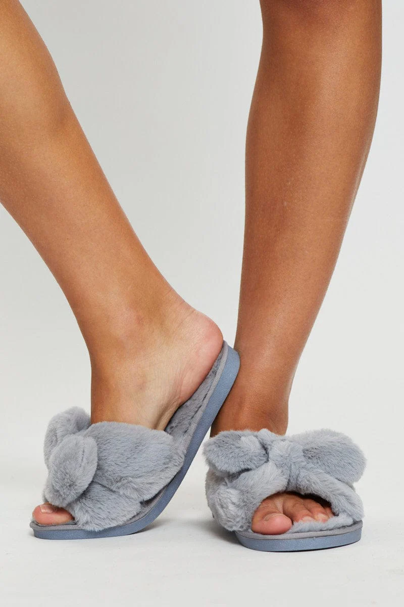 Blue Plush Faux Fur Bow Detail Slippers