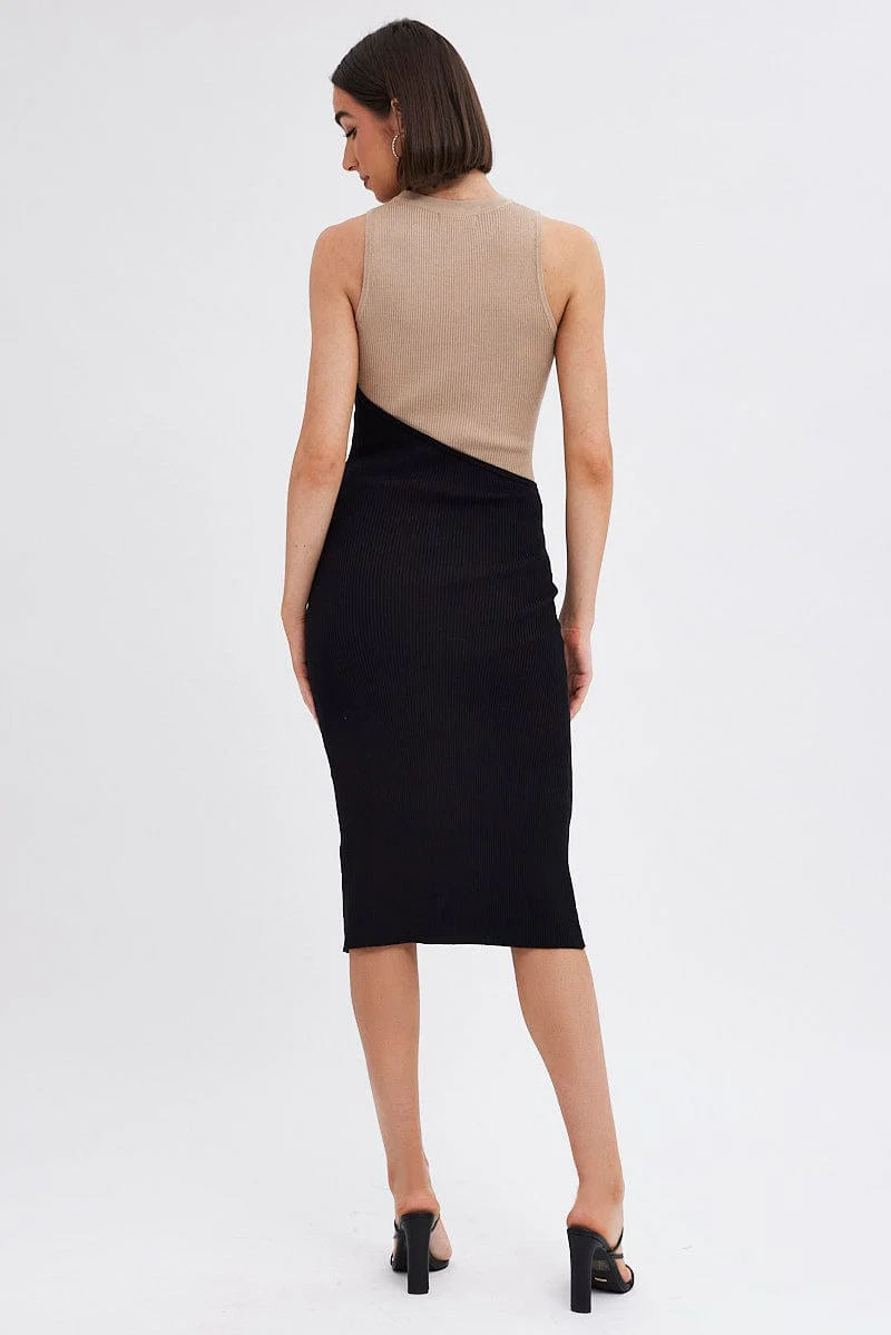 Black Midi Dress Round Neck Colour Blocked Knit