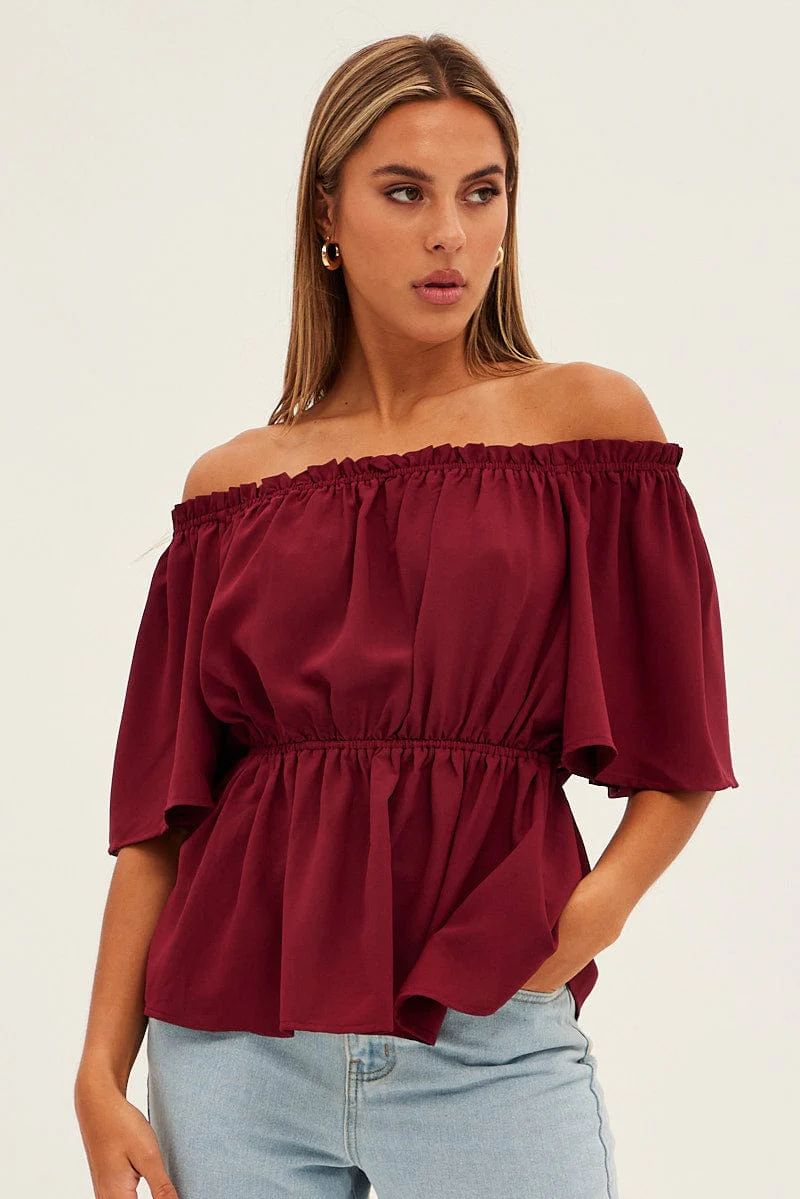 Red Top Short Sleeve Off Shoulder Longline Flutter