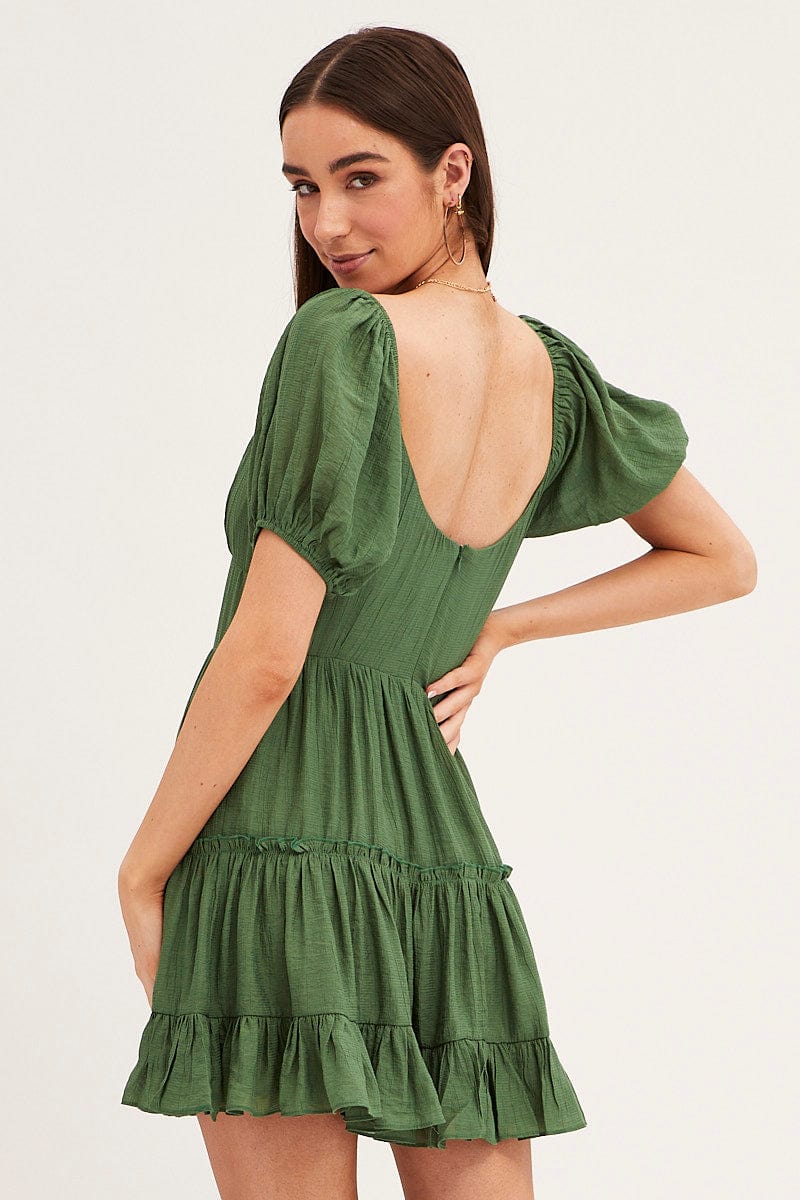 Green Fit And Flare Dress Puff Sleeve Sweetheart Neck